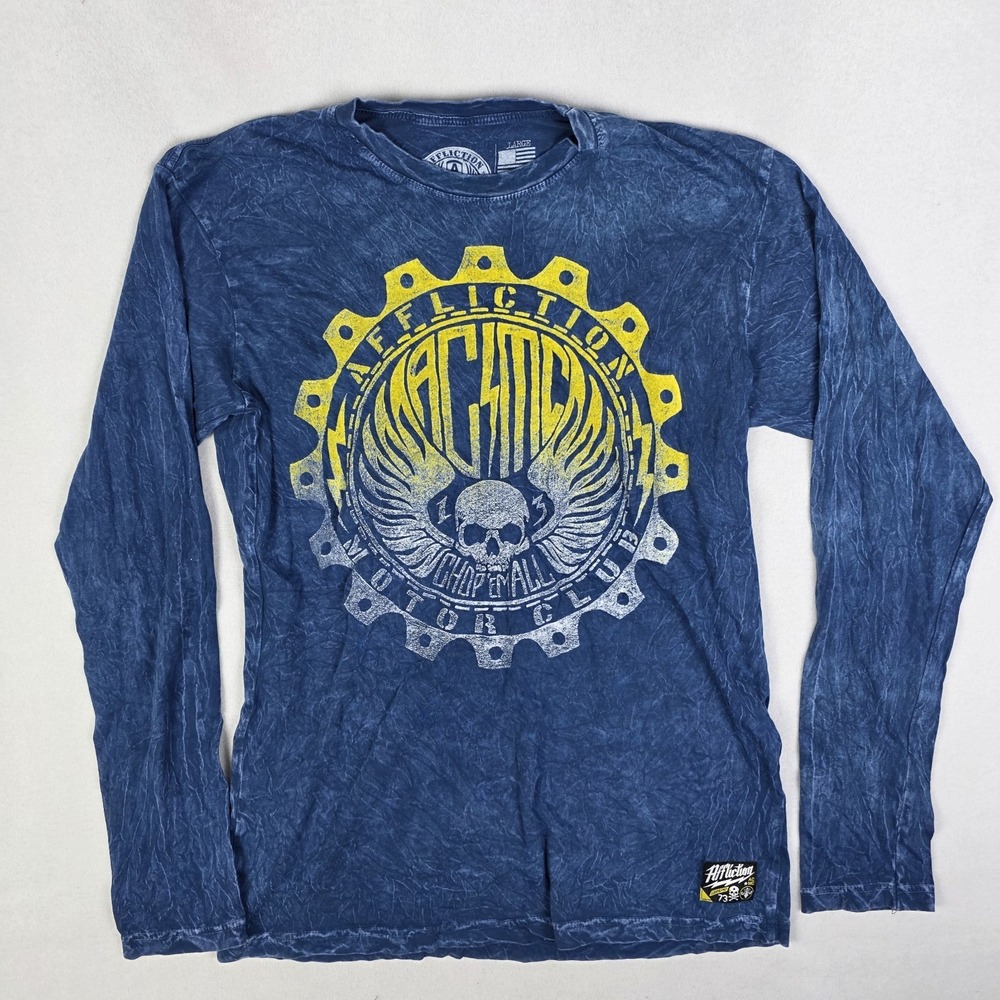 Affliction T Shirt Mens Large Blue Long Sleeve Y2k Grunge Skate Moto Club Skull